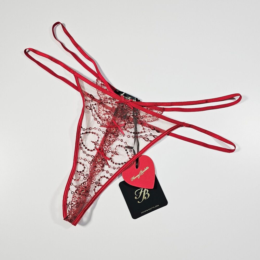 Honey Birdette Adora Crimson Red Embroidered Ouvert String Thong Size L